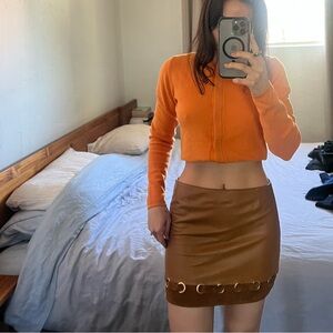 Leather and suede brown mini skirt